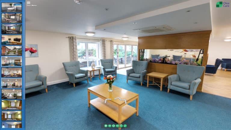 A clean, quiet residential care home common room captured in a 3D scan, maintaining resident privacy while showcasing the environment.