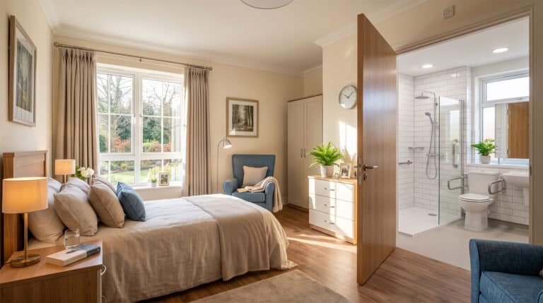 A bright, comfortable residential care home bedroom and accessible en-suite captured for a virtual tour.