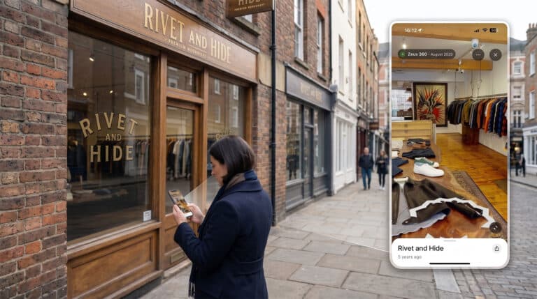 Retail customer outside a boutique high street shop checking the Google Street View interior walkthrough on their phone.