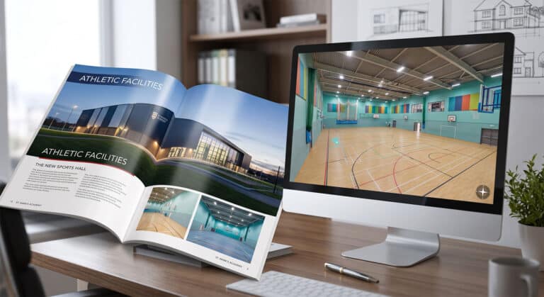 A printed school prospectus featuring high-resolution 4K architectural photography extracted directly from a 360 virtual tour scan.