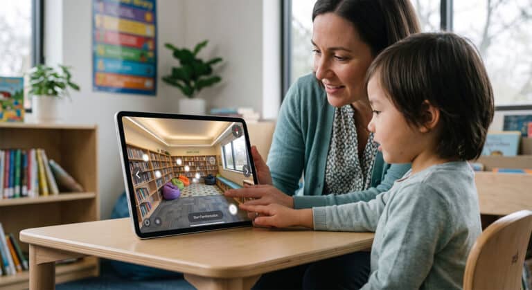 A teacher helping a student familiarize themselves with a school layout using an interactive virtual tour on a tablet for SEN support.
