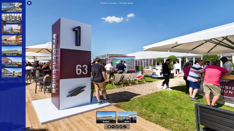 Interactive custom 360 virtual tour user interface showcasing the terrace view at the Silverstone Fusion Lounge during a live event.
