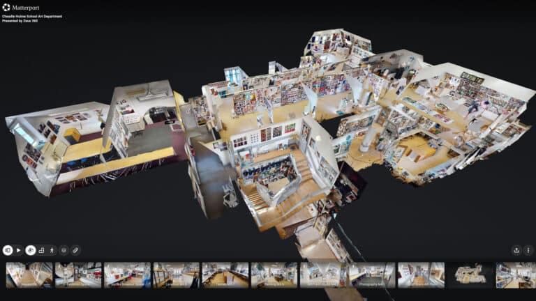 A detailed 3D Matterport dollhouse view of a multi-story university campus building used for student recruitment and campus mapping.