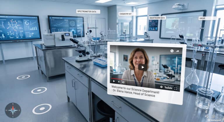 An interactive virtual tour of a school science lab featuring an embedded multimedia hotspot playing a welcome video for prospective students.