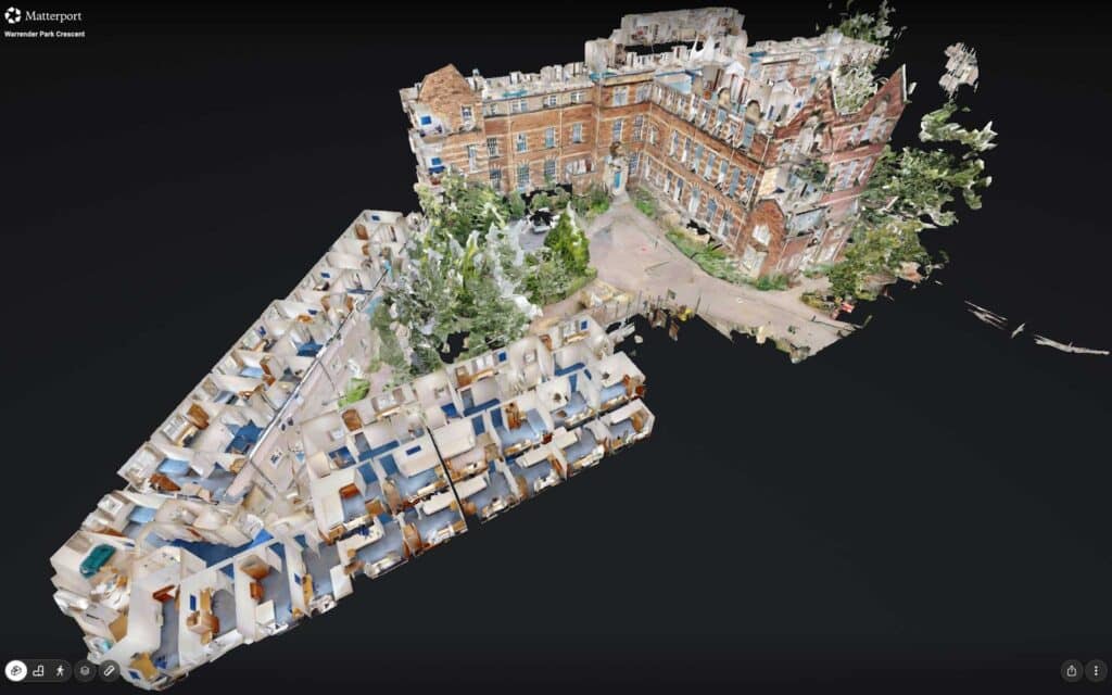 Matterport Pro3 LiDAR 3D dollhouse view showing as-built structural scan of University of Edinburgh student accommodation for pre-renovation estates planning