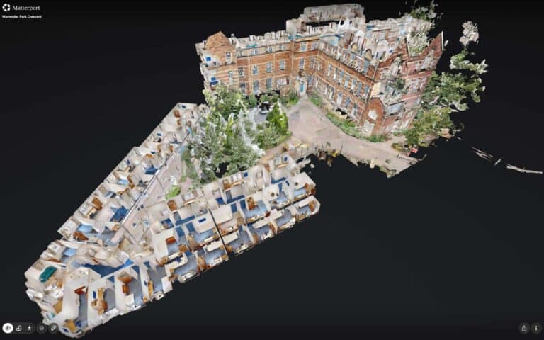 Matterport Pro3 LiDAR 3D dollhouse view showing as-built structural scan of University of Edinburgh student accommodation for pre-renovation estates planning